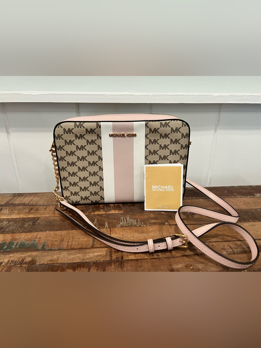 Michael Kors Pink and Cream Stripe Logo Crossbody Bag